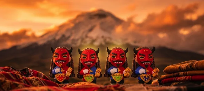 Cuatro imanes de Diablo de lata sobre tejidos andinos frente al Chimborazo