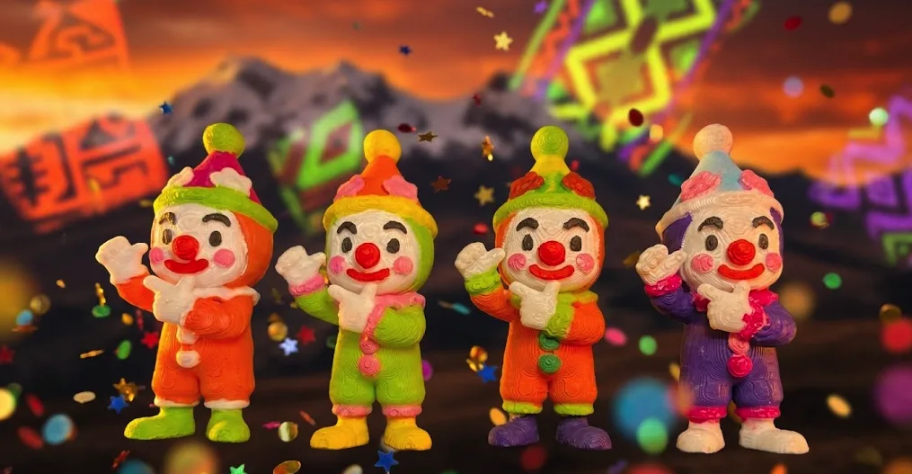 Cuatro imanes de Payaso entre confeti, con un nevado de fondo