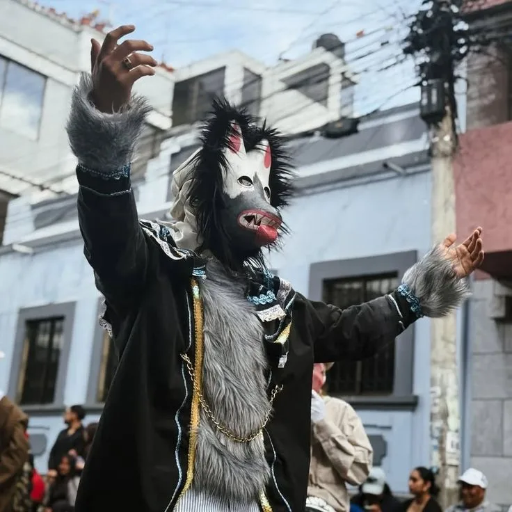 Perro con máscara negra y capa de pelaje gris, brazos en alto entre el público